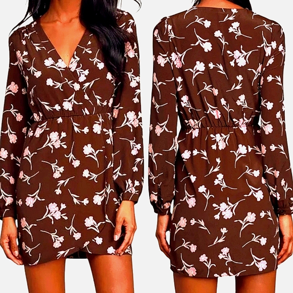 Lulu's Brown and Pink V-Neck Long Sleeve Sundress